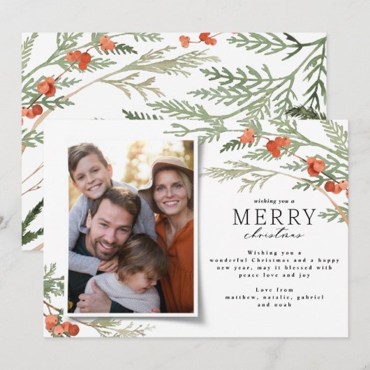 Moderne, minimale foto-kerstelegante eucalyptus feestdagenkaart (Voorkant / Achterkant)