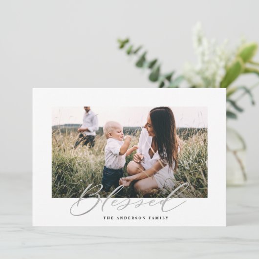 Moderne, minimale foto Kerstmis gezegend script Feestdagenkaart (Staand voorkant)