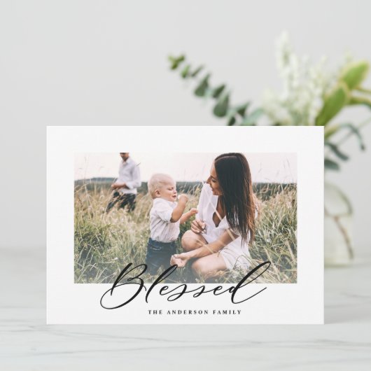 Moderne, minimale foto Kerstmis gezegend script Feestdagenkaart (Staand voorkant)