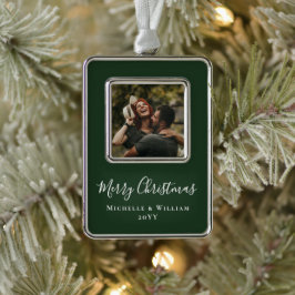 Moderne Minimale Foto Kerstscript Groen Verzilverd Omlijst Ornament