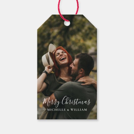 Moderne minimale foto kerstscript rode bessen cadeaulabel (Voorkant)