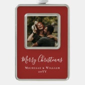 Moderne minimale foto kerstscript rood verzilverd omlijst ornament (Voorkant)