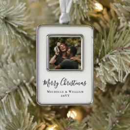Moderne Minimale Foto Kerstscript Wit Verzilverd Omlijst Ornament