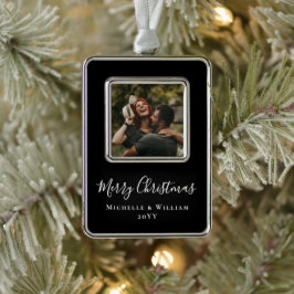 Moderne Minimale Foto Kerstscript Zwart Verzilverd Omlijst Ornament