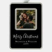 Moderne Minimale Foto Kerstscript Zwart Verzilverd Omlijst Ornament (Voorkant)