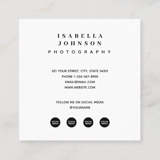 Moderne minimale foto QR Code Social Media pictogr Vierkante Visitekaartje (Achterkant)