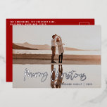 Moderne, minimale foto-rode kerstmis folie feestdagenkaart<br><div class="desc">Begroting Vrolijk kerstfeest moderne 1 fotokerstkaart. Modern ontwerp voor rode en witte feestdagen. De tekst van het manuscript met een moderne rand. Met de hand geschilderde polka stip spotty backer. Verander de backerkleur om aan te passen.</div>
