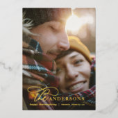 Moderne minimale foto tartan rode elegante script folie feestdagenkaart (Voorkant)