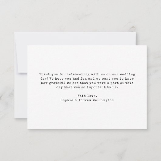 Moderne minimale foto typemachine bruiloft bedankkaart (Achterkant)