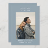 Moderne, minimale foto-usty Blue Wedding Save The Date (Voorkant / Achterkant)