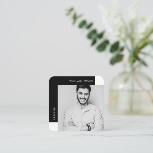 Moderne minimale foto zwart vierkante visitekaartje (Staand voorkant)