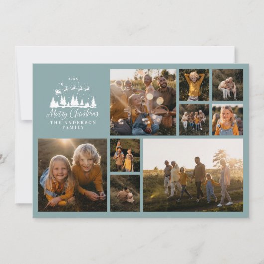 Moderne minimale fotocollage Kerst stoffig blauw Feestdagenkaart (Voorkant)