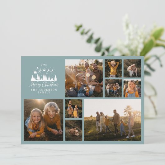 Moderne minimale fotocollage Kerst stoffig blauw Feestdagenkaart (Staand voorkant)