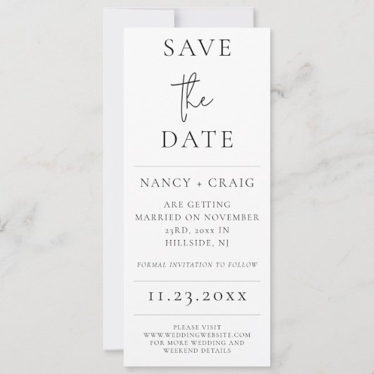 Moderne minimale fotostrip save the date (Achterkant)