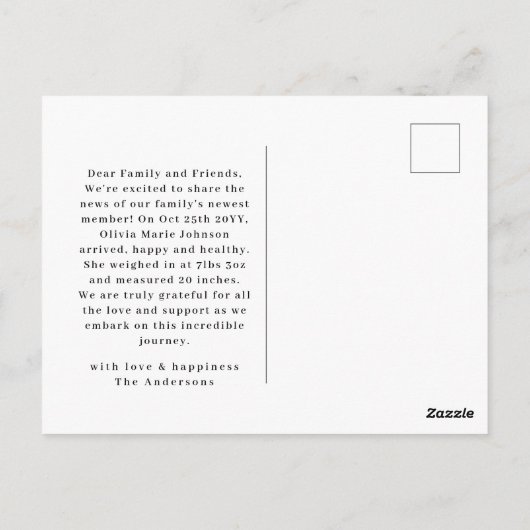 Moderne minimale geboorteaankondiging van Baby Briefkaart (Achterkant)