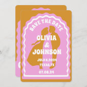 Moderne minimale gele retro golvende boog vet datu save the date (Voorkant / Achterkant)