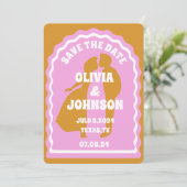 Moderne minimale gele retro golvende boog vet datu save the date (Staand voorkant)