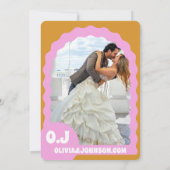 Moderne minimale gele retro golvende boog vet datu save the date (Achterkant)