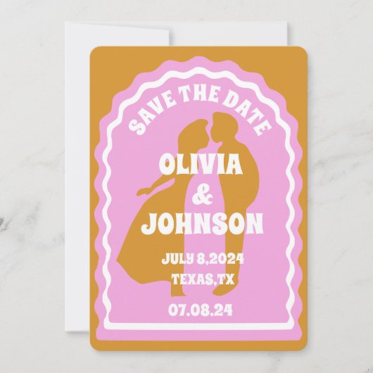 Moderne minimale gele retro golvende boog vet datu save the date (Voorkant)