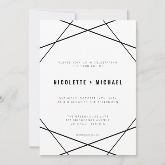Moderne minimale geometrische zwart-witte bruiloft kaart (Voorkant)