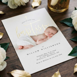 Moderne, minimale Gold Calligraphy Baby Photo Bapt Folie Uitnodiging