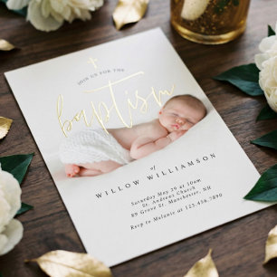 Moderne, minimale Gold Calligraphy Baby Photo Bapt Folie Uitnodiging