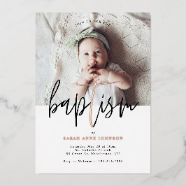 Moderne, minimale Gold Calligraphy Baby Photo Bapt Folie Uitnodiging