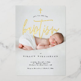 Moderne, minimale Gold Calligraphy Baby Photo Bapt Folie Uitnodiging
