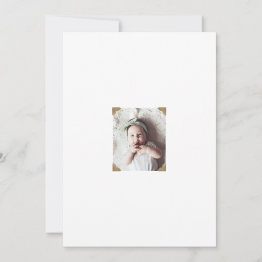 Moderne, minimale Gold Calligraphy Baby Photo Bapt Kaart (Achterkant)
