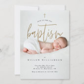 Moderne, minimale Gold Calligraphy Baby Photo Bapt Kaart (Voorkant)