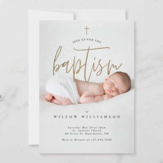 Moderne, minimale Gold Calligraphy Baby Photo Bapt Kaart (Voorkant)