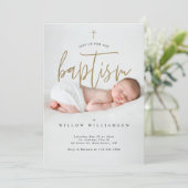 Moderne, minimale Gold Calligraphy Baby Photo Bapt Kaart (Staand voorkant)