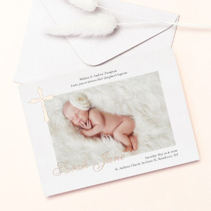 Moderne, minimale Gold Cross Baby Photo Baptisme Folie Uitnodiging
