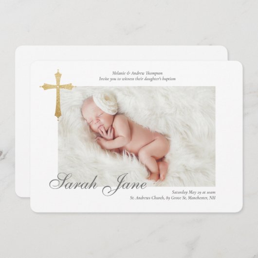 Moderne, minimale Gold Cross Baby Photo Baptisme Kaart (Voorkant / Achterkant)