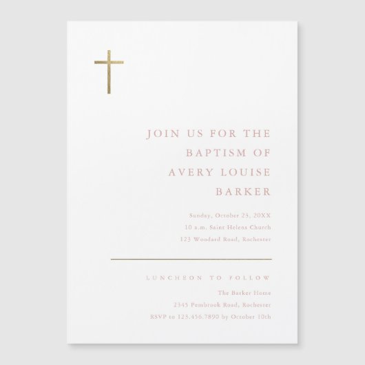 Moderne, minimale Gold Cross-Baptisme Magnetische Uitnodiging (Voorkant)
