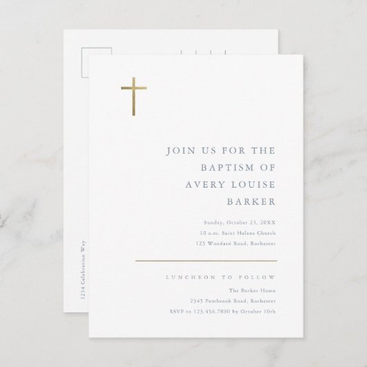 Moderne, minimale Gold Cross-Baptisme Uitnodiging Briefkaart (Voorkant / Achterkant)