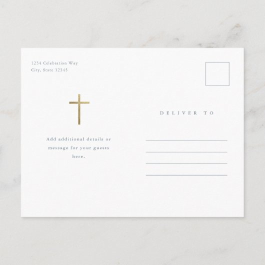 Moderne, minimale Gold Cross-Baptisme Uitnodiging Briefkaart (Achterkant)