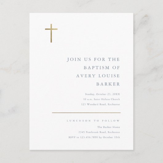 Moderne, minimale Gold Cross-Baptisme Uitnodiging Briefkaart (Voorkant)