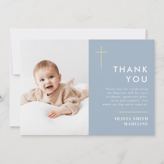 Moderne, minimale Gold Cross Photo Baptisme Bedankkaart (Voorkant)