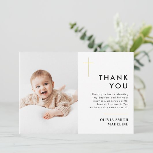 Moderne, minimale Gold Cross Photo Baptisme Bedankkaart (Staand voorkant)