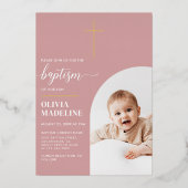 Moderne, minimale Gold Cross Photo Baptisme Folie Uitnodiging (Voorkant)