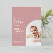 Moderne, minimale Gold Cross Photo Baptisme Folie Uitnodiging (Staand Voorkant)