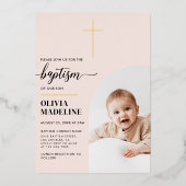 Moderne, minimale Gold Cross Photo Baptisme Folie Uitnodiging (Voorkant)