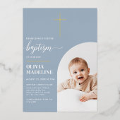 Moderne, minimale Gold Cross Photo Baptisme Folie Uitnodiging (Voorkant)