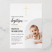 Moderne, minimale Gold Cross Photo Baptisme Folie Uitnodiging (Voorkant)