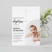 Moderne, minimale Gold Cross Photo Baptisme Folie Uitnodiging (Staand Voorkant)