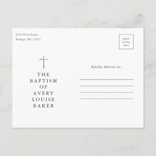 Moderne, minimale Gold Cross Photo Baptisme Hartel Briefkaart (Achterkant)