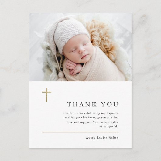 Moderne, minimale Gold Cross Photo Baptisme Hartel Briefkaart (Voorkant)