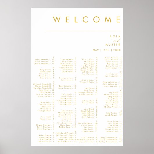 Moderne, minimale Gold Font Alfabetical Seating Poster (Voorkant)