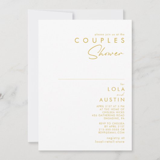 Moderne, minimale Gold Font Couples Shower Kaart (Voorkant)